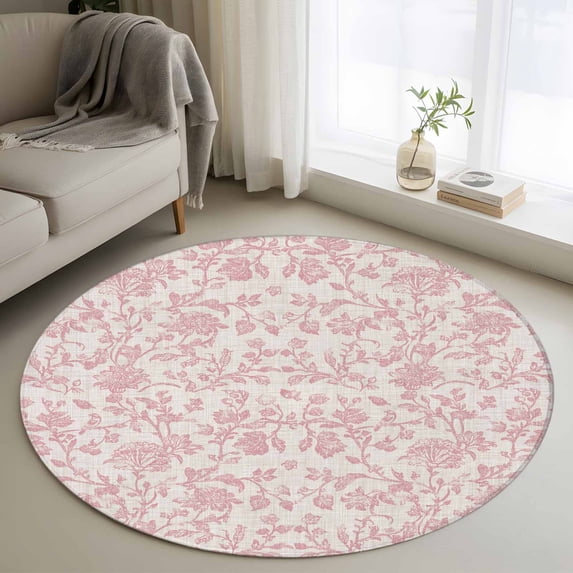 Farmhouse Pink Round Area Rug 3 FT, Small Kitchen Bathroom Mats, Vintage Flower Leaf Botanical Plant Washable Indoor Outdoor Throw Runner Carpet Non-Shedding Doormat for Table Shower Sofa Entryway