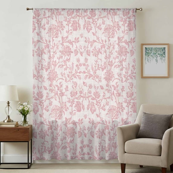 Farmhouse Pink Sheer Curtains 63 Inches Long, Vintage Flower Leaf Botanical Plant Light Filering Curtains, Breathable Simi Curtain Privacy Drapes for Living Room Bedroom Lightweight Window Treatment