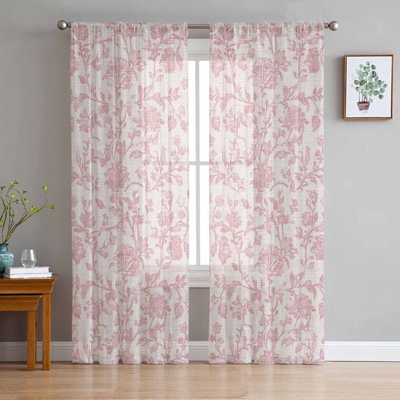 Farmhouse Pink Sheer Curtains 96 Inch Length 2 Panels Set for Living Room/Bedroom, Vintage Flower Leaf Botanical Plant Semi Curtain Sheers Drapes Rod Pocket Curtains Window Treatment Set 52''x96''x2
