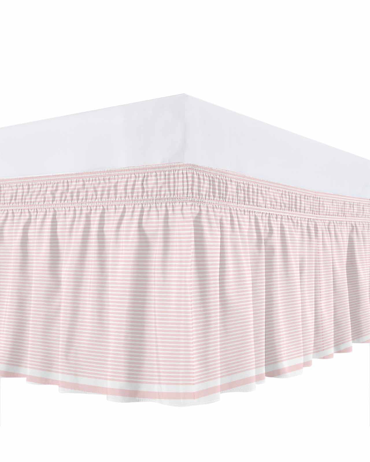 Farmhouse Pink White Striped Bed Skirt King Size, Modern Stripes Wrap Around Bed Skirting with Adjustable Elastic Strap, Dust Ruffle Pleated Bedskirts 16 Inch Drop for Bedroom King Beds