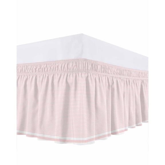 Farmhouse Pink White Striped Bed Skirt Queen Size, Modern Stripes Wrap Around Bed Skirting with Adjustable Elastic Strap, Dust Ruffle Pleated Bedskirts 16 Inch Drop for Bedroom Queen Beds