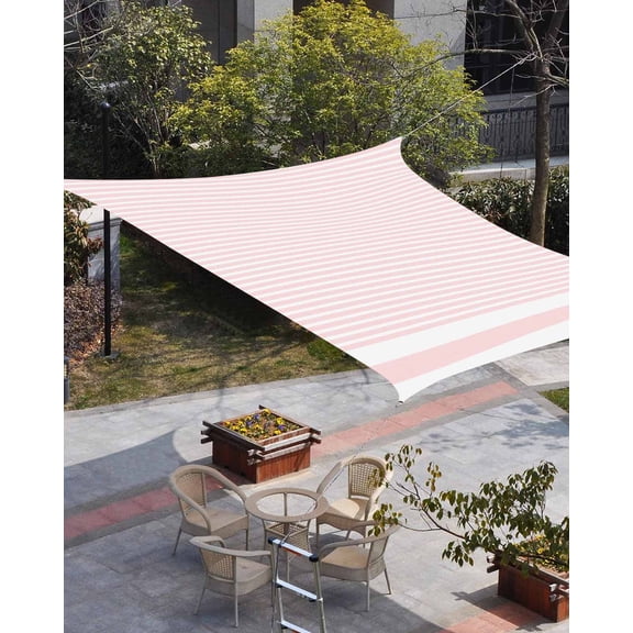 Farmhouse Pink White Striped Sun Shade Sail 8'x10' Rectangle Outdoor Shade Canopy, Modern Stripes Porch Shades Outdoor Sun Blocking Screen, Sunshade Cloth Covers for Patio/Deck/Garden