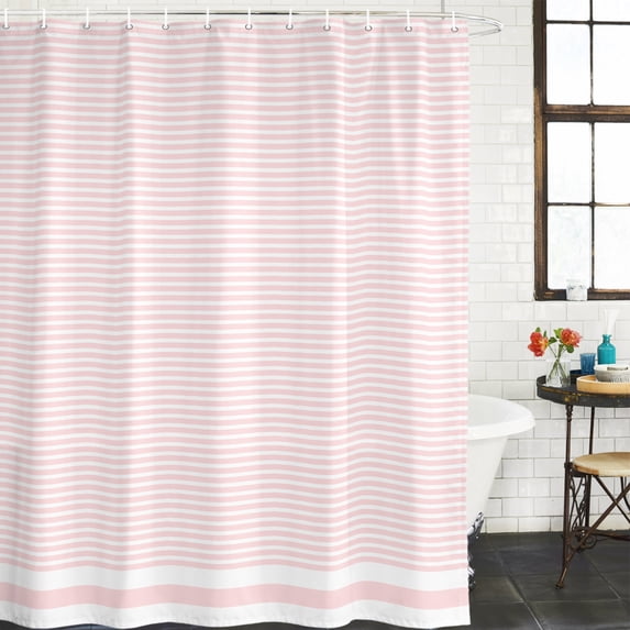 Farmhouse Pink White Striped Waterproof Shower Curtain, Large 72"x78" Washable Polyester Fabric Shower Curtains for Bathroom, Modern Stripes Decorative Bathtub Curtain Sets with Hooks