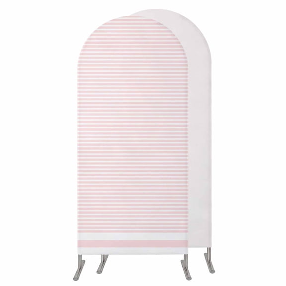 Farmhouse Pink White Striped Wedding Arch Cover, Stretchy Spandex Arch Backdrop Stand Covers 4 FT, Modern Stripes Round Top Arched Backdrop Cover for Birthday Party Ceremony Baby Shower Event