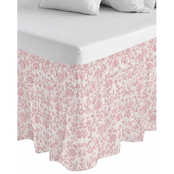 Farmhouse Pink Wrap Around Bed Skirts for California King Bed 18" Drop,Bed Skirt with Adjustable Elastic Belt Dust Ruffle Bed Valance for Bedroom Vintage Flower Leaf Botanical Plant Bed Frame Cover