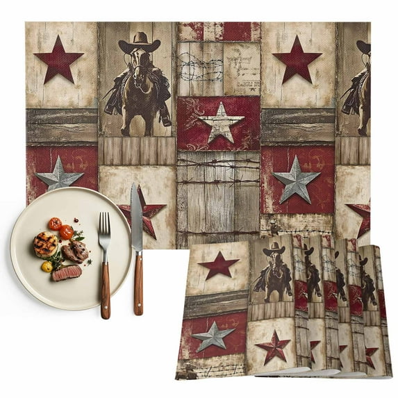 Farmhouse Placemats Set of 12, Western Wood Texture Barn Star Table Mats Washable Heat-Resistant Non-Slip Place Mats for Kitchen Dinner Table Indoor Outdoor Decor,13x19 Inch Red Brown
