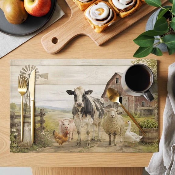 Farmhouse Placemats Set of 2, Sheep Goose Cow Pig Barn Rustic Countryside Heat Insulated Linen Place Mats, Washable Stain-Proof Table Mats for Dining Tables Holiday Decor 13x19 Inches