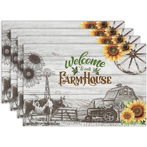 Farmhouse Placemats Set of 4, 12x18 Inch Rustic Country Barn Cottage Sunflower Farm Animal Cow Wooden Plank Holiday Table Mats for Party Kitchen Dining Decoration