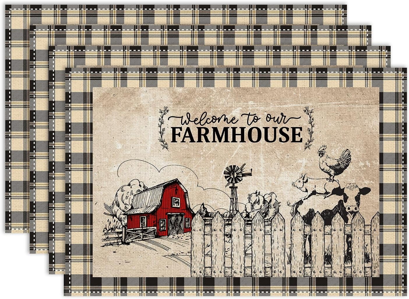 Farmhouse Placemats Set of 4, 12x18 Inch Vintage Rustic Country Barn ...