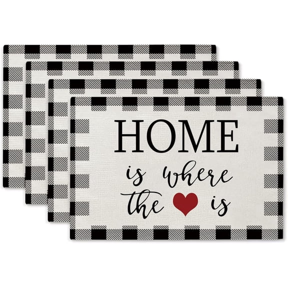 Farmhouse Placemats Set of 4, Black and White Table Place Mats - Welcome Home Cloth Washable Heat Resistant Linen Fabric Non Slip Kitchen Placemats for Dining Table, 18 X 12 Inch