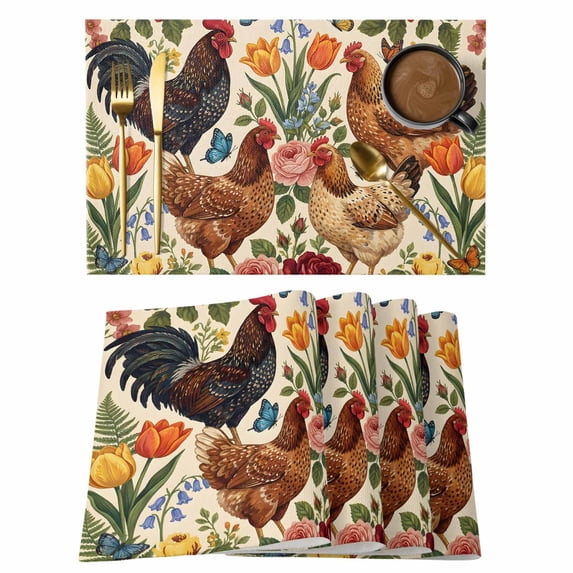Farmhouse Placemats Set of 8, Watercolor Hen Chicken Spring Flowers Farm Butterfly Non-Slip Place Mats Washable Table Mats for Kitchen Dining Table Decorations Indoor/Outdoor