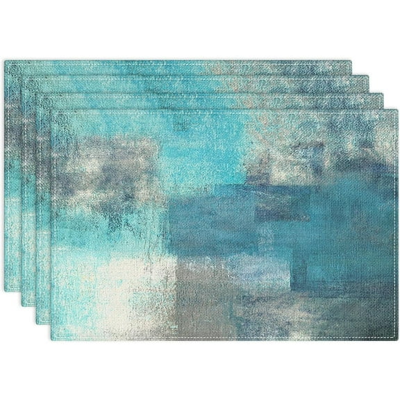 Farmhouse Placemats Set of 4, 12x18 Inch Modern Teal and Grey Abstract Art Painting Table Mats for Outdoor Home Party Kitchen Dining Decoration