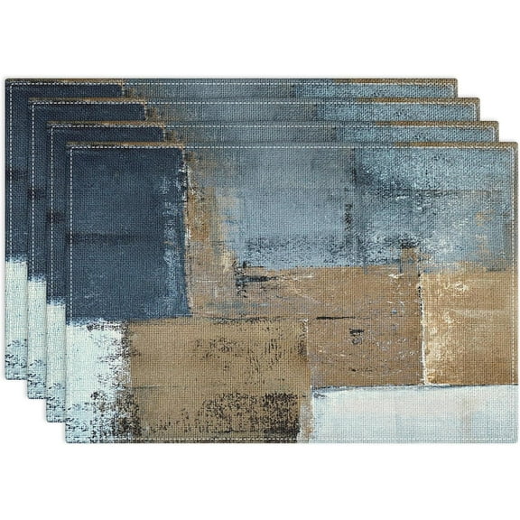 Farmhouse Placemats Set of 4, Vintage Brown and Blue Abstract Art Painting 12x18 Inch Table Mats for Outdoor Home Party Kitchen Dining Decoration