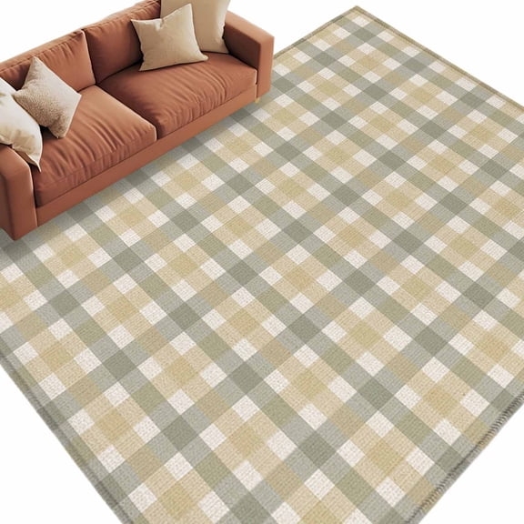 Farmhouse Plaid Area Rug 8x10 Washable Rug Non Slip Grey Yellow Checked Vintage Geometric Large Area Rug Soft Stainresistant Indoor Carpet for Living Room Bedroom Home Office Dining Room Nursery