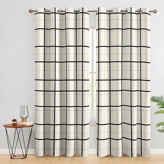 Farmhouse Plaid Blackout Curtains for Bedroom Decor, Beige Checkered Tartan Patterned Thermal Insulated Grommet Window Drapes, Farmhouse Plaid Living Room Decor 53"W x 96"L (Pack of 2)