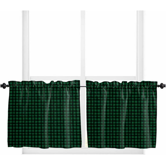 Farmhouse Plaid, Kitchen Curtain 24 Inch Length Small Short Cafe Tiers Curtains Drape, 2 Panels Window Treatment Rod Pocket Drapery Panels Curtains, St. Patrick''s Day Buffalo Checkered Green 27.5x24