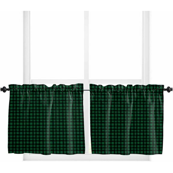 Farmhouse Plaid, Kitchen Curtain 24 Inch Length Small Short Cafe Tiers Curtains Drape, 2 Panels Window Treatment Rod Pocket Drapery Panels Curtains, St. Patrick''s Day Buffalo Checkered Green 27.5x24
