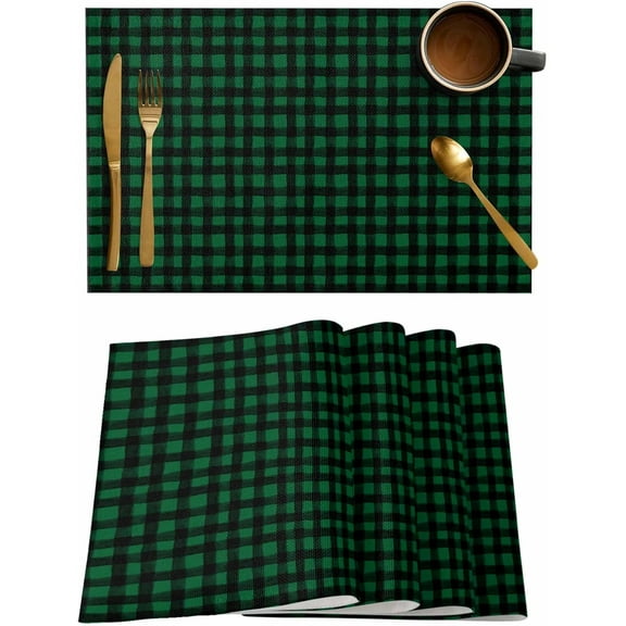 Farmhouse Plaid Placemats Set of 6,Washable Woven Burlap Cloth Fabric Placemat for Square/Rectangle/Round/Oval Dining Table,Easy Clean Place Mats St. Patrick''s Day Buffalo Checkered Green