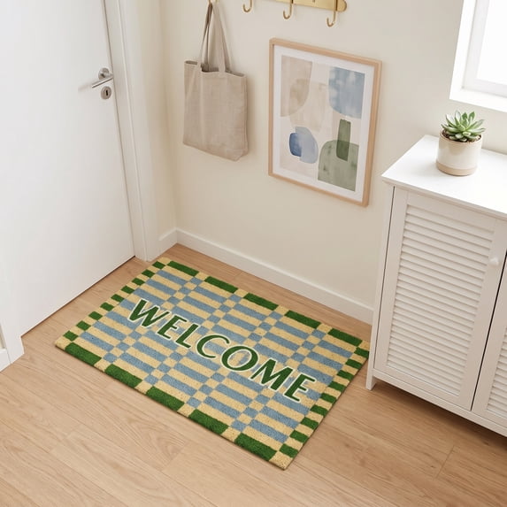 Farmhouse Plaid Print PVC Doormat, Non Slip Rubber Back Heavy Duty Welcome Mat, Low Profile Floor Rug for Front Entrance Patio Garage Indoor Outdoor Entryway, Colorful