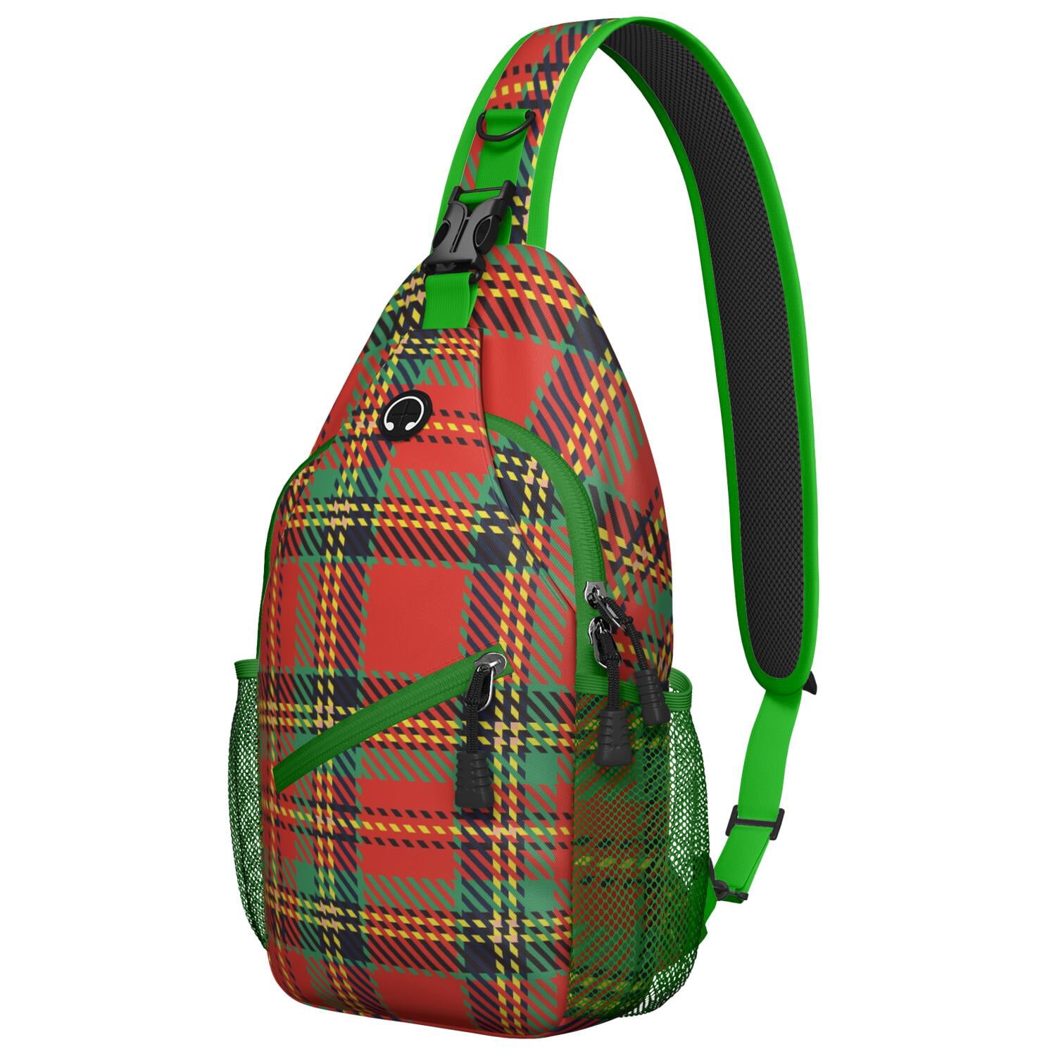 Farmhouse Plaid Print Shoulder Backpack - Buffalo Checkered Sling Bag with Mesh Sides & Organized Pockets - Versatile Wear for Men & Women on Outdoor Adventures
