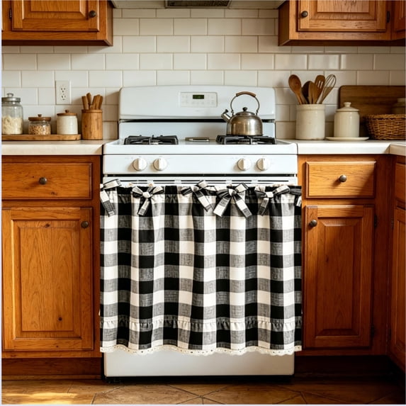 Farmhouse Plaid Stove Oven Curtain 29.9×21.3 Inch, Ruffled Lace Tie-On Appliance Cover Curtain for Dishwasher & Range