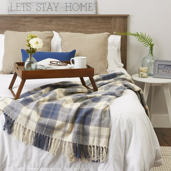 Farmhouse Plaid Throw 50x60" with 3" Fringe, French Blue