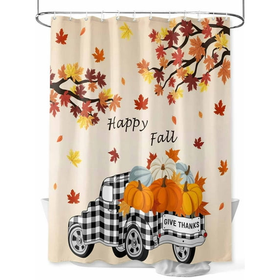 Farmhouse Plaid Truck Fall Thanksgiving Shower Curtain, Orange Pumpkin Leaf Bathroom Decor Curtains Set with Hooks, Waterproof Fabric Home Accessories, Stall 36 X 72 Inch