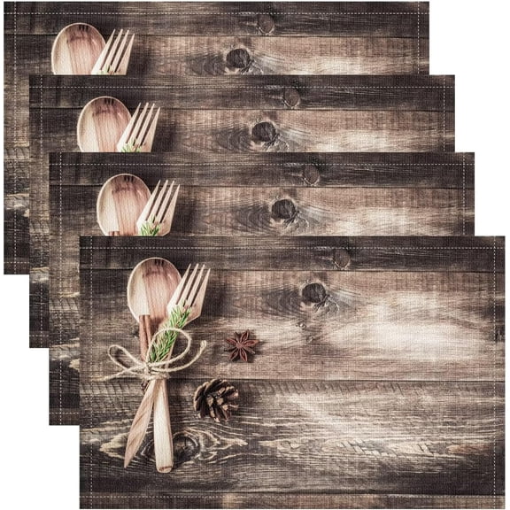 Farmhouse Plank Placemats Set of 4, 18x12 Inch Vintage Rustic Spoon Fork Cook Art Print Table Mats for Home Party Kitchen Dining Decor