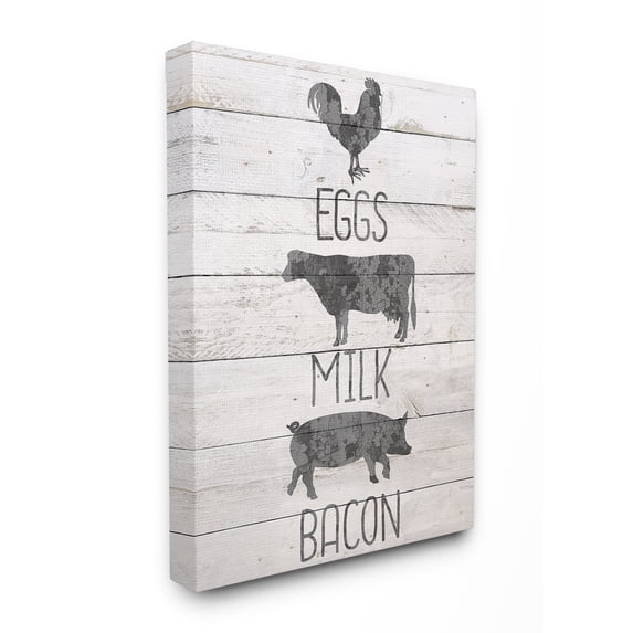 Farmhouse Planked Look Eggs Milk and Bacon Typography with Chicken Cow and Pig Canvas Wall Art