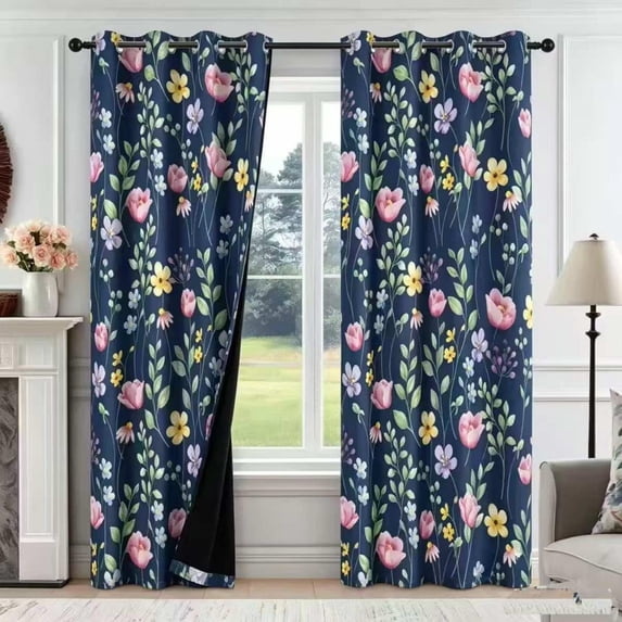 DaShan Navy Blue Floral Blackout Curtains for Living Room,Thermal Insulated Grommet Drapes,52x84 Inch,Set of 2