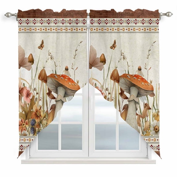 Farmhouse Plants Swag Valances for Windows 2 Pack Wildflowers Mushroom Beige Brown Geometric Swag Kitchen Curtains 45 Inches Long Rod Pocket Short Window Treatment for Kitchen Bathroom 36"x45"
