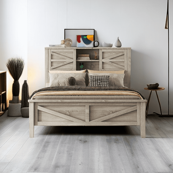 Farmhouse Platform Bed with Double Sliding Barn Door, Full Size Rustic ...