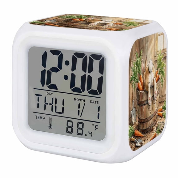 Farmhouse Playful Digital Alarm Clock for Bedrooms, Smart LED Alarm Clock with 7 Color Changing Night Light, Rabbit in Wooden Barrel Funny Silent Wake Up Clocks for Sleep Study Cooking 3.2"x3.2"