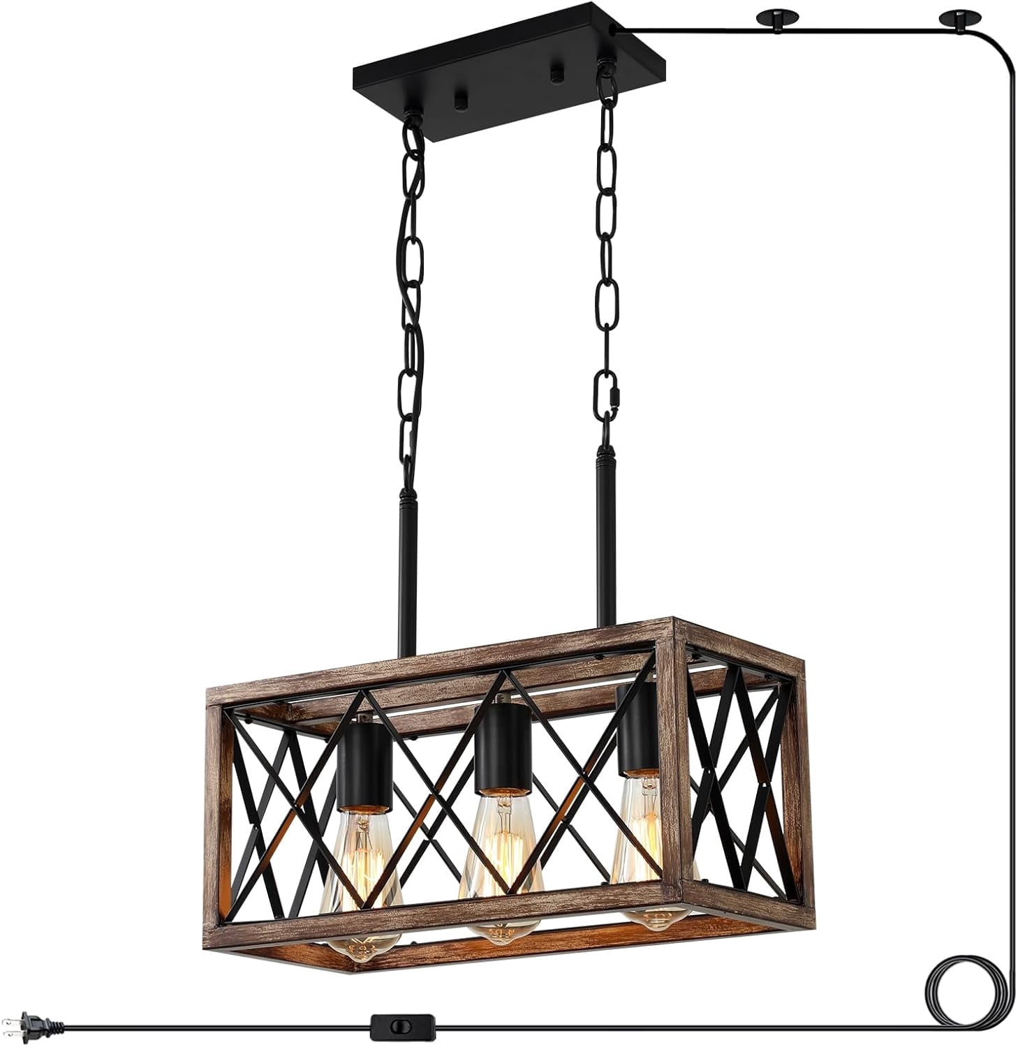 KEESFU 3-Light Farmhouse Pendant Light with Plug-in Cord, Rustic Wood Ceiling Fixture for Kitchen, Dining Room, Living Room