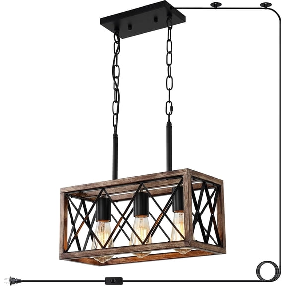 KEESFU 3-Light Farmhouse Pendant Light with Plug-in Cord, Rustic Wood Ceiling Fixture for Kitchen, Dining Room, Living Room