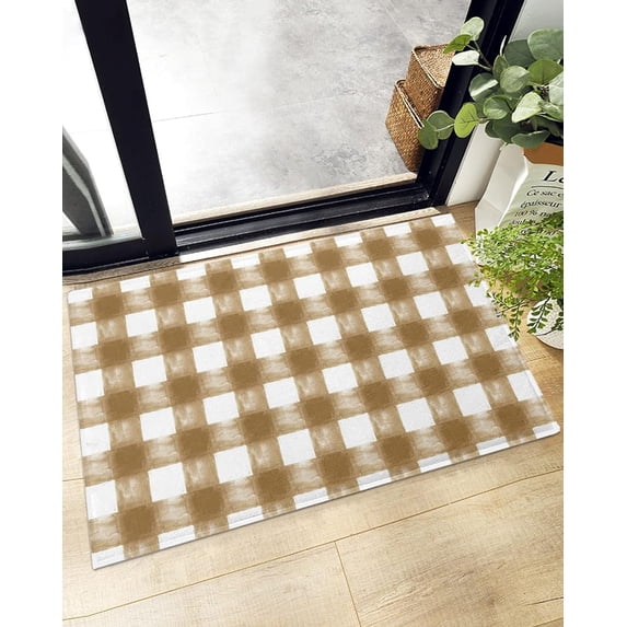 Farmhouse Plush Shag Bath Rugs Modern Khaki White Buffalo Checker Soft Fluffy Floor Doormat Carpet,Non-Slip Door Mats for Living Room Bedroom Kitchen Entryway Watercolor Plaid