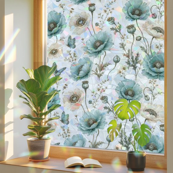 Farmhouse Poppies Blossom Herb Window Privacy Film, Rainbow Film Decorative Window Sticker 17.7x39.3in, Watercolor Flower Buds Sun Blocking Static Stained Glass Cling Tint Non-Adhesive