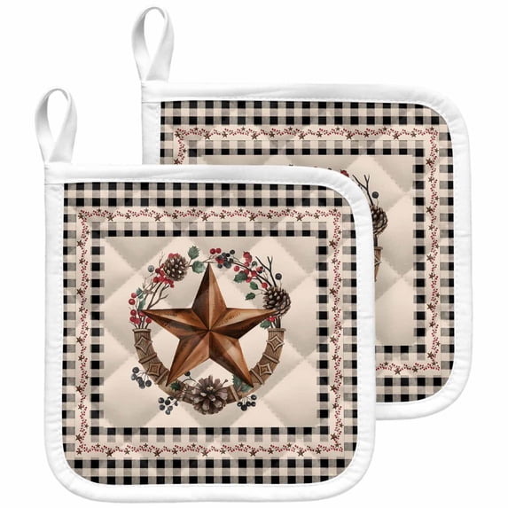Farmhouse Pot Holders for Kitchen Heatproof Potholder, 2 Pack Country Star Berry Plaid Lodge Grey Brown Hot Pads Multipurpose Oven Pads Cloth Potholders Trivet for Cooking and Baking