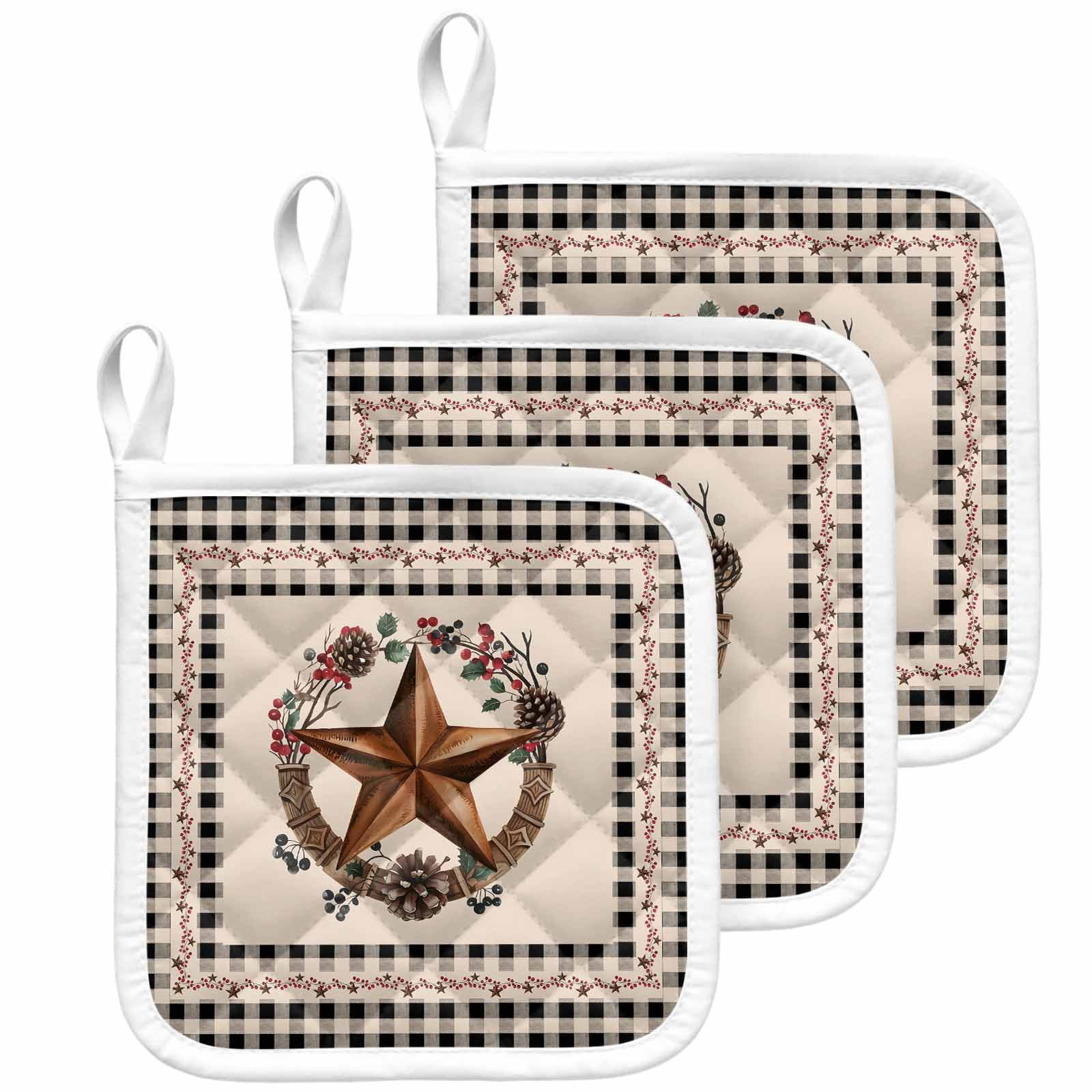 Farmhouse Pot Holders for Kitchen Heatproof Potholder, 3 Pack Country Star Berry Plaid Lodge Grey Brown Hot Pads Multipurpose Oven Pads Cloth Potholders Trivet for Cooking Baking