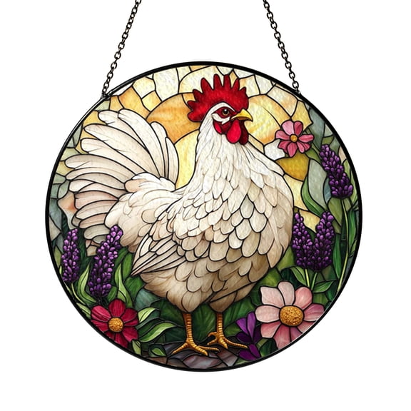 Farmhouse Poultry Scene Stained Glass Style Decorative Window Panel, Rustic Hanging Art