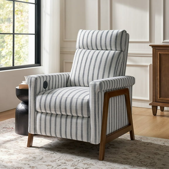 Farmhouse Power Recliner Chair Linen Fabric with USB and Solid Wood Legs for Living Room Nursery Blue Stripe