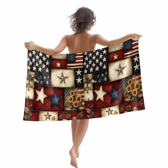 Farmhouse Primitive Barn Stars Beach Towels Blanket Soft&Absorbent Quick Dry Microfiber Retro American Flag Pool Towels for Swimming ,Yoga, Sports, Gym, Camping,Large 35X70in, Blue Red
