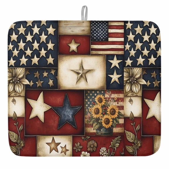 Farmhouse Primitive Barn Stars Dish Drying Mat, Retro American Flag Absorbent Dish Drying Matt Pad for Kitchen Countertops,Sinks,Dish Drainer Racks, Small 16x18inx1PC,, Blue Red