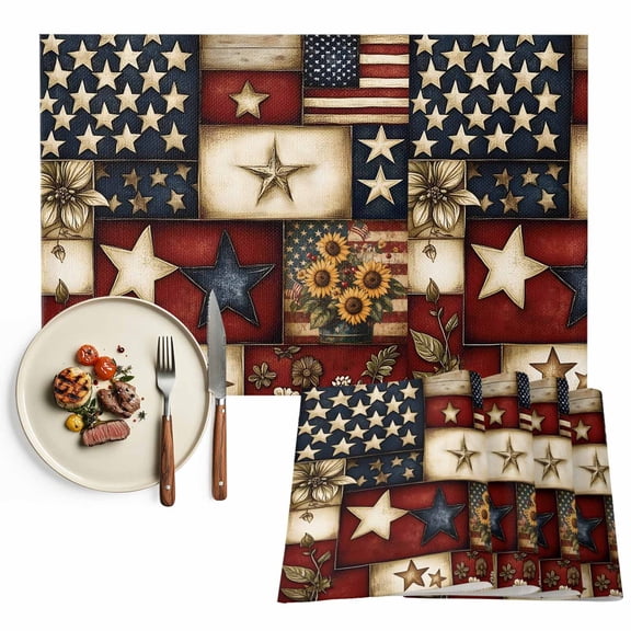 Farmhouse Primitive Barn Stars Placemats Set of 2, Retro American Flag Table Mats Washable Heat-Resistant Non-Slip Place Mats for Kitchen Dinner Table Indoor Outdoor Decor,13x19 Inch Blue Red