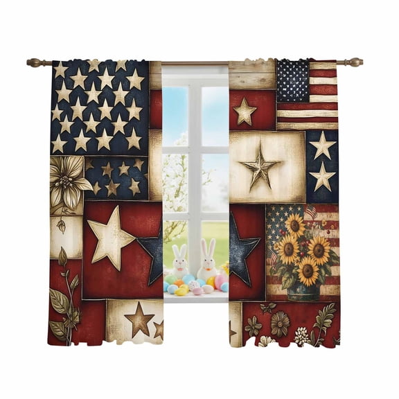Farmhouse Primitive Barn Stars Sheer Curtains 72 Inch Long Rod Pocket Semi Transparent Light Filtering Window Drapes for Kitchen Bedroom Living Room,2 Panels, Retro American Flag Blue Red