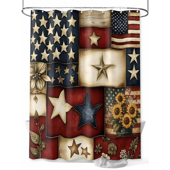 Farmhouse Primitive Barn Stars Shower Curtain, Retro American Flag Bathroom Decor Curtains Set with Hooks, Blue Red Waterproof Fabric Home Accessories, 72 X 72 Inch Long