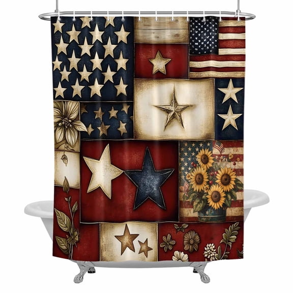 Farmhouse Primitive Barn Stars Shower Curtain Set with Hooks, Retro American Flag Waterproof Fabric Bathroom Curtains Decor Home Accessories,72 X 84 Inch Extra Long