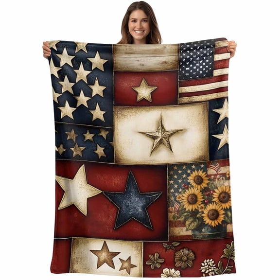 Farmhouse Primitive Barn Stars Throw Blankets, Retro American Flag Soft Fleece Blanket Decorative for Home Sofa Couch Chair Living Bedroom, 50x60 inches, Blue Red