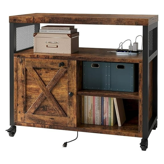 Farmhouse Printer Stand with Storage, Printer Table with Station and Wheels, Rolling Printer Cabinet with Shelves, Printer Cart, and File Cabinet for Home Office Storage(Rustic Brown)