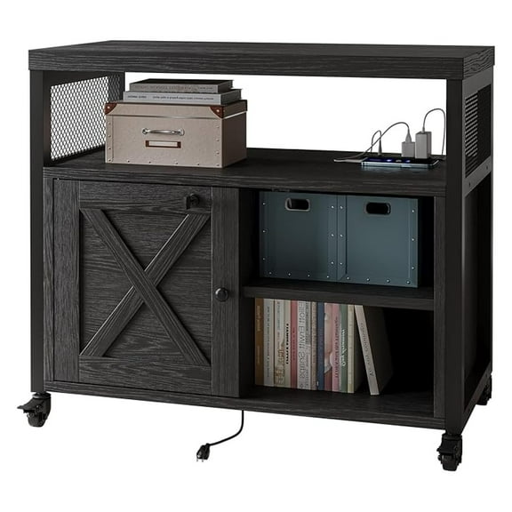 Farmhouse Printer Stand with Storage, Rolling Printer Cabinet with Shelves, Station, Wheels, and File Cabinet for Home Office Storage (Black)